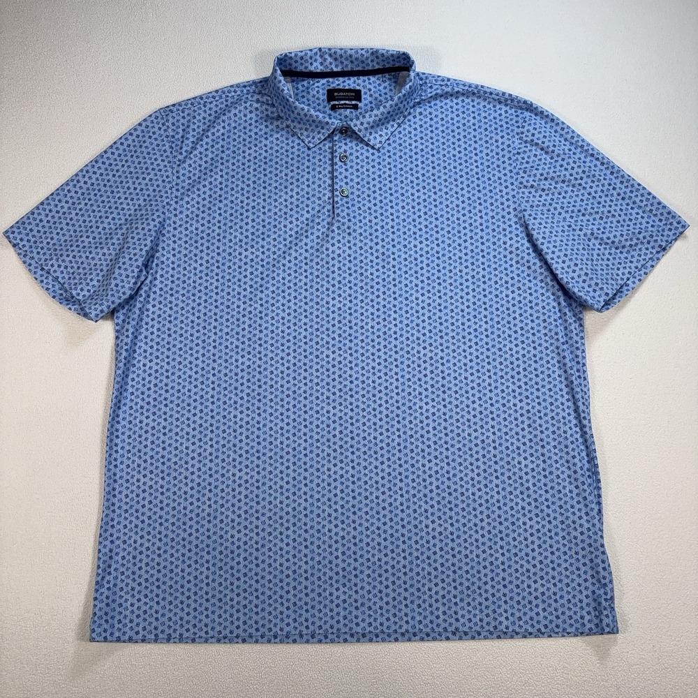 Bugatchi OoohCotton Tech Polo Shirt Mens 2XL Blue Geometric 8-Way Stretch *READ*